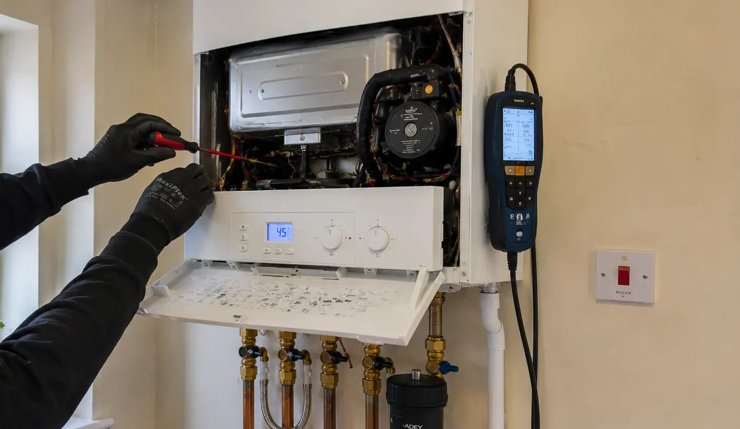 Boiler servicing King's Lynn with a gas engineer's gloved hands carrying out a professional service on a wall-mounted domestic boiler with the front panel open and a flue gas analyser connected.
