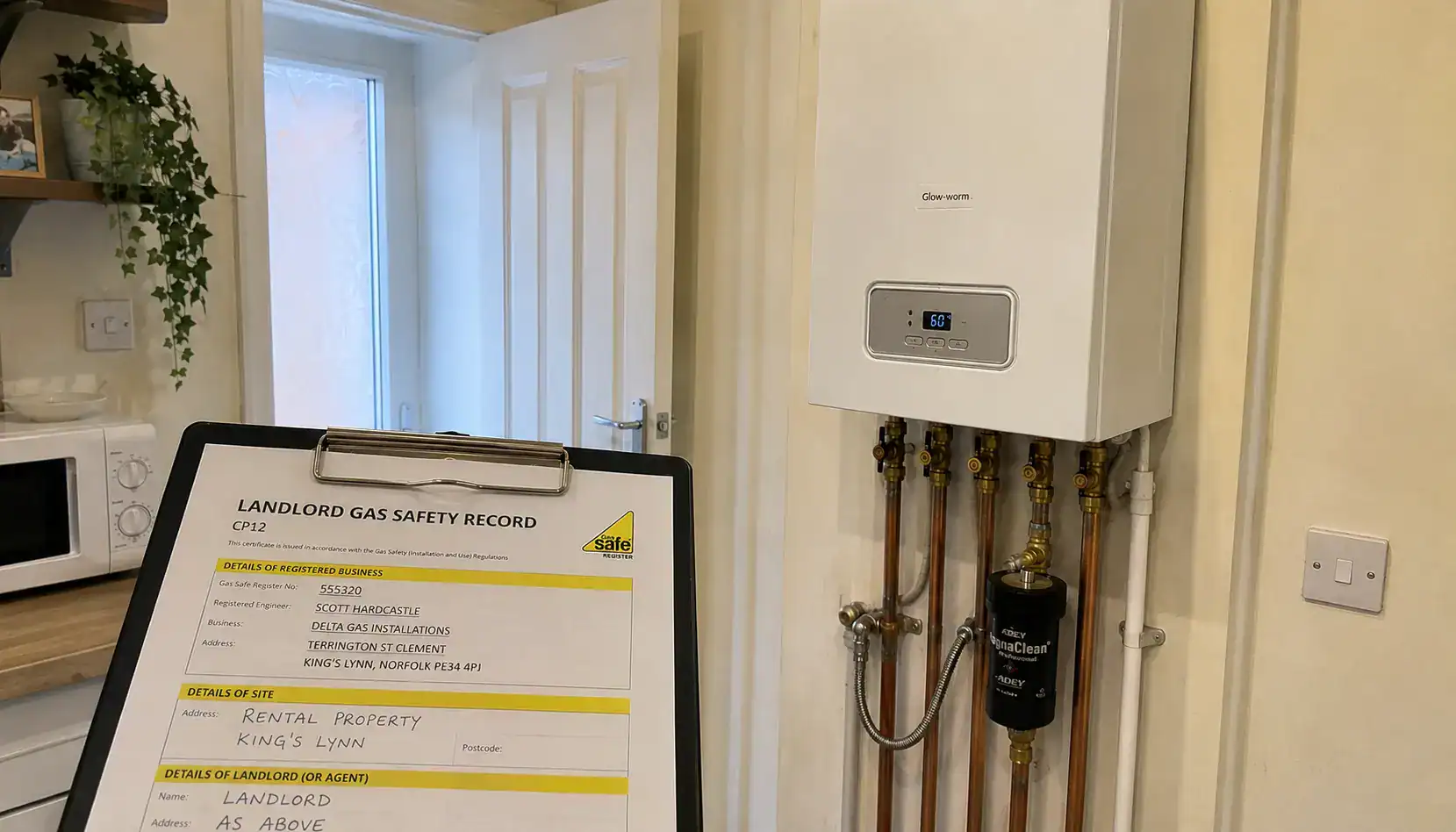 Landlord Gas Safety Certificate in King's Lynn being completed during a Gas Safe inspection of a Glow-worm boiler in a rental property.