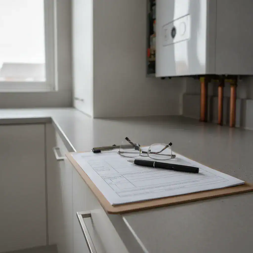 Boiler servicing King's Lynn paperwork on a kitchen worktop with a wall mounted boiler in the background